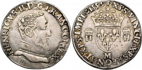 FRANCE, Royaume, François II (1559-1560), AR teston, 1559M, Toulouse. 2e type. A l'effigie et au titre d'Henri II. D/ B. cuir. à d. R/ Ecu de France c...