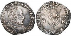 FRANCE, Royaume, Charles IX (1560-1574), AR teston, 1561L, Bayonne. 3e type. A l'effigie et au titre d'Henri II. D/ B. l. et cuir. à d. R/ Ecu couronn...
