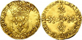 FRANCE, Royaume, Charles IX (1560-1574), AV écu d'or au soleil, 1566H, La Rochelle. D/ Ecu de France couronné, sous un soleil. R/ Croix fleurdelisée. ...