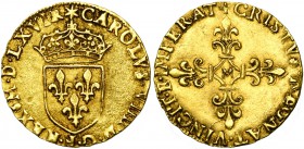 FRANCE, Royaume, Charles IX (1560-1574), AV écu d'or au soleil, 1566M, Toulouse. D/ Ecu de France couronné, sous un soleil. R/ Croix fleurdelisée. Dup...