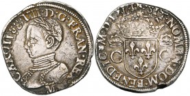 FRANCE, Royaume, Charles IX (1560-1574), AR teston, 1564M, Toulouse. 1er type. D/ B. l. et cuir. à g. R/ Ecu de France couronné, entre deux C couronné...