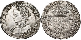 FRANCE, Royaume, Charles IX (1560-1574), AR teston, 1569M, Toulouse. 1er type. D/ B. l. et cuir. à g. R/ Ecu de France couronné, entre deux C couronné...