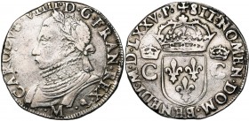 FRANCE, Royaume, Henri III (1574-1589), AR teston, 1575M, Toulouse. A l'effigie et au titre de Charles IX. D/ B. l. et cuir. à g. R/ Ecu de France cou...