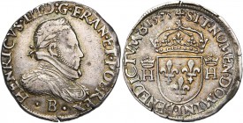 FRANCE, Royaume, Henri III (1574-1589), AR teston, 1575B, Rouen. D/ B. l., dr. et cuir. à d., au col plat. R/ Ecu de France couronné, entre deux H cou...