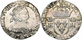 FRANCE, Royaume, Henri III (1574-1589), AR teston, 1576M, Toulouse. D/ B. l., dr. et cuir. à d., au col fraisé. R/ Ecu de France couronné, entre deux ...