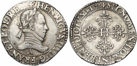FRANCE, Royaume, Henri III (1574-1589), AR franc au col plat, 1576A, Paris. D/ B. l. et cuir. à d. R/ Croix feuillue et fleurdelisée, H en coeur. Dupl...