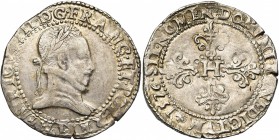 FRANCE, Royaume, Henri III (1574-1589), AR franc au col plat, 1576T, Nantes. D/ B. l. et cuir. à d. R/ Croix feuillue et fleurdelisée, H en coeur. Dup...