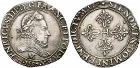 FRANCE, Royaume, Henri III (1574-1589), AR franc au col fraisé, 1582M, Toulouse. D/ B. l. et cuir. à d. R/ Croix feuillue et fleurdelisée, H en coeur....