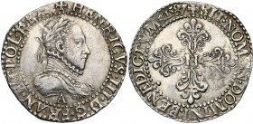 FRANCE, Royaume, Henri III (1574-1589), AR demi-franc au col gaufré, 1587A, Paris. D/ B. l. et cuir. à d. R/ Croix feuillue et fleurdelisée, H en coeu...