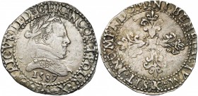 FRANCE, Royaume, Henri III (1574-1589), AR demi-franc au col plat, 1587K, Bordeaux. D/ B. l. et cuir. à d. La date sous le buste. R/ Croix feuillue et...