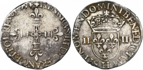 FRANCE, Royaume, Henri III (1574-1589), AR quart d'écu, 1579H, La Rochelle. D/ Croix fleurdelisée. R/ Ecu de France couronné, entre II-II. Dupl. 1133;...