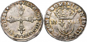 FRANCE, Royaume, Henri III (1574-1589), AR quart d'écu, 1589A, Paris. D/ Croix fleurdelisée. R/ Ecu de France couronné, entre II-II. Dupl. 1133; Ci. 1...