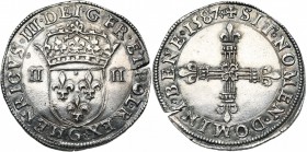 FRANCE, Royaume, Henri III (1574-1589), AR quart d'écu, 1587G, Poitiers. Avec la titulature royale autour de l'écu. D/ Croix fleurdelisée. R/ Ecu de F...