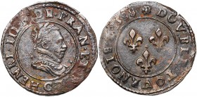 FRANCE, Royaume, Henri III (1574-1589), Cu double tournois, 1588C, Saint-Lô. D/ B. l. et cuir. à d. R/ Trois lis dans le champ. Différent: tête de lio...