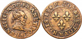 FRANCE, Royaume, Henri III (1574-1589), Cu double tournois, 1589A, Paris. D/ B. l. et cuir. à d. R/ Trois lis dans le champ. Dupl. 1152; CGKL 86. 2,86...