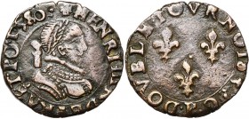 FRANCE, Royaume, Henri III (1574-1589), Cu double tournois, 1580P, Dijon. D/ B. l. et cuir. à d. Légende débutant à 12h. R/ Trois lis dans le champ. L...