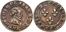 FRANCE, Royaume, La Ligue (1589-1596), Cu double tournois, s.d. (1591-1593), Paris. Monnayage posthume au nom d'Henri III. D/ B. l. et cuir. à d. R/ T...