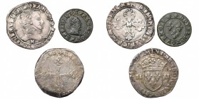 FRANCE, Royaume, La Ligue (1589-1596), lot de 3 p.: demi-franc, 1590M, au nom d'Henri III; double tournois, s.d., Paris, au nom d'Henri III (Très Beau...