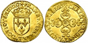 FRANCE, Royaume, Louis XIII (1610-1643), AV écu d'or au soleil, 1615B, Rouen. 1er type. D/ Ecu de France couronné, sous un soleil. La légende débutant...