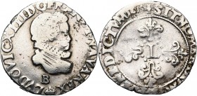 FRANCE, Royaume, Louis XIII (1610-1643), AR demi-franc, 1615B, Rouen. 3e type. D/ B. enfantin à d., l. et cuir., le col fraisé. R/ Croix fleuronnée et...
