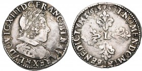 FRANCE, Royaume, Louis XIII (1610-1643), AR demi-franc, 1629M, Toulouse. 10e type. D/ B. juvénile à d., l., dr. et cuir., au col plat. R/ Croix fleuro...