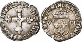 FRANCE, Royaume, Louis XIII (1610-1643), AR huitième d'écu, 1629L, Bayonne. 1er type. D/ Croix fleurdelisée. R/ Ecu de France couronné, entre V-III. D...