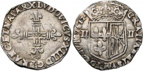 FRANCE, Royaume, Louis XIII (1610-1643), AR quart d'écu de Navarre, 1612, Saint-Palais. D/ Croix fleurdelisée. R/ Ecu couronné, parti de France-Navarr...