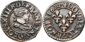 FRANCE, Royaume, Louis XIII (1610-1643), Cu double tournois, 1622G, Poitiers. D/ B. enfantin à d., l. et cuir., au grand col relevé. R/ Trois lis dans...