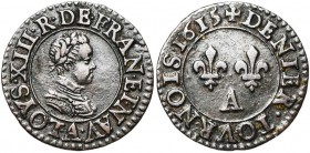 FRANCE, Royaume, Louis XIII (1610-1643), Cu denier tournois, 1615A, Paris. 1er type. D/ Petit b. l. et cuir. à d., au col plat. R/ Deux lis dans le ch...