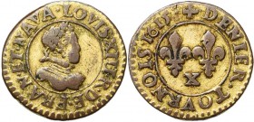 FRANCE, Royaume, Louis XIII (1610-1643), Cu denier tournois, 1615X, Amiens. 1er type. D/ Petit b. l. et cuir. à d., au col plat. R/ Deux lis dans le c...