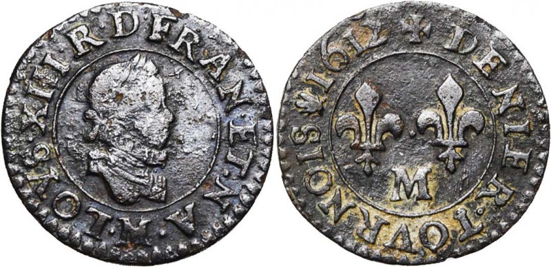 FRANCE, Royaume, Louis XIII (1610-1643), Cu denier tournois, 1612M, Toulouse. 2e...