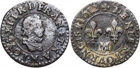 FRANCE, Royaume, Louis XIII (1610-1643), Cu denier tournois, 1612M, Toulouse. 2e type. D/ Petit b. l. et cuir. à d., au col fraisé. R/ Deux lis dans l...