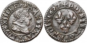 FRANCE, Royaume, Louis XIII (1610-1643), Cu double tournois, 1627R, Villeneuve-lès-Avignon. 3e type. D/ B. juvénile à d., l. et cuir., au col plat. R/...