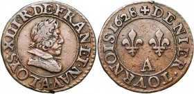 FRANCE, Royaume, Louis XIII (1610-1643), Cu denier tournois, 1628A, Paris. D/ B. juvénile à d., l. dr. et cuir., avec une petite barbe, le col plat. R...