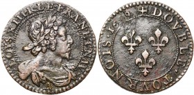 FRANCE, Royaume, Louis XIII (1610-1643), Cu double tournois, 1629A, Paris. 6e type. D/ B. viril à d., l., dr. et cuir. à l'antique. R/ Trois lis dans ...