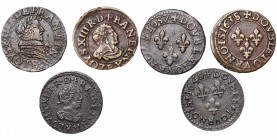 FRANCE, Royaume, Louis XIII (1610-1643), lot de 3 doubles tournois: au grand col plat, 1637E, type spécial à Tours; au petit buste viril, 1638E, Tours...