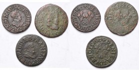 FRANCE, Royaume, Cu lot de 3 deniers tournois: Henri IV, 1610A, Paris (date rare); Louis XIII, 1611K, Bordeaux; 1614X, Amiens. Dupl. 1274, 1359, 1361....