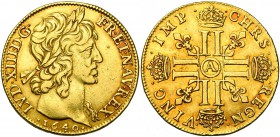 FRANCE, Royaume, Louis XIII (1610-1643), AV double louis d'or à la tête virile et à la mèche courte, 1640A, Paris. D/ T. laurée à d. Sans baies dans l...