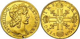 FRANCE, Royaume, Louis XIII (1610-1643), AV double louis d'or à la tête virile et à la mèche courte, 1641A (sur 1640), Paris. D/ T. laurée à d. Sans b...