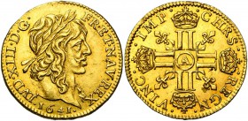 FRANCE, Royaume, Louis XIII (1610-1643), AV demi-louis d'or à la mèche longue, 1641A, Paris. D/ T. l. à d. R/ Croix formée de huit L couronnés, canton...