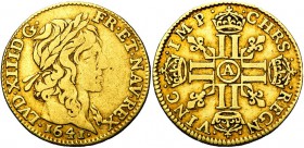 FRANCE, Royaume, Louis XIII (1610-1643), AV demi-louis d'or à la mèche longue, 1641A, Paris. D/ T. l. à d. R/ Croix formée de huit L couronnés, canton...