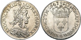 FRANCE, Royaume, Louis XIII (1610-1643), AR écu de 60 sols, 1643A, Paris. Deuxième poinçon. Rosette initiale. D/ B. l., dr. et cuir. à d. R/ Ecu de Fr...