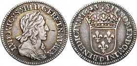 FRANCE, Royaume, Louis XIII (1610-1643), AR douzième d'écu, 1643D, Lyon. Deuxième poinçon. D/ B. l., dr. et cuir. à d. Avec baies dans la couronne. R/...