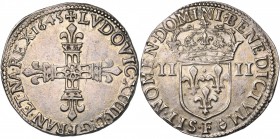 FRANCE, Royaume, Louis XIV (1643-1715), AR quart d'écu, 1645F, Angers. Frappé au marteau. D/ Croix fleurdelisée. R/ Ecu de France couronné, entre II-I...
