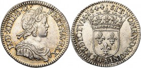 FRANCE, Royaume, Louis XIV (1643-1715), AR douzième d'écu à la mèche courte, 1644A, Paris. Point initial. D/ B. enfantin, l., dr. et cuir. à d. R/ Ecu...