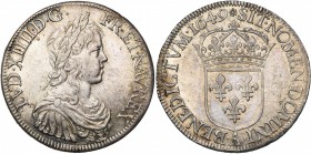FRANCE, Royaume, Louis XIV (1643-1715), AR écu à la mèche longue, 1649A, Paris. D/ B. enfantin, l., dr. et cuir. à d. R/ Ecu de France couronné. Dupl....
