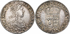 FRANCE, Royaume, Louis XIV (1643-1715), AR écu de Navarre à la mèche longue, 1657V, Saint-Palais. D/ B. enfantin, l., dr. et cuir. à d. R/ Ecu couronn...