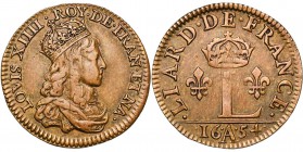 FRANCE, Royaume, Louis XIV (1643-1715), Cu liard de France, 1654A, Corbeil. 1er type. D/ B. juvénile couronné à d. R/ Grand L couronné entre deux lis....