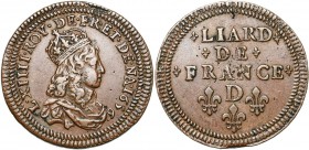 FRANCE, Royaume, Louis XIV (1643-1715), Cu liard de France, 1656D, Vimy. Avec double grènetis. D/ B. juvénile couronné à d. R/ Valeur en trois lignes ...