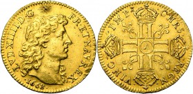 FRANCE, Royaume, Louis XIV (1643-1715), AV louis d'or à la tête nue, 1668A, Paris. D/ T. juvénile à d. R/ Croix formée de huit L couronnés, cantonnée ...